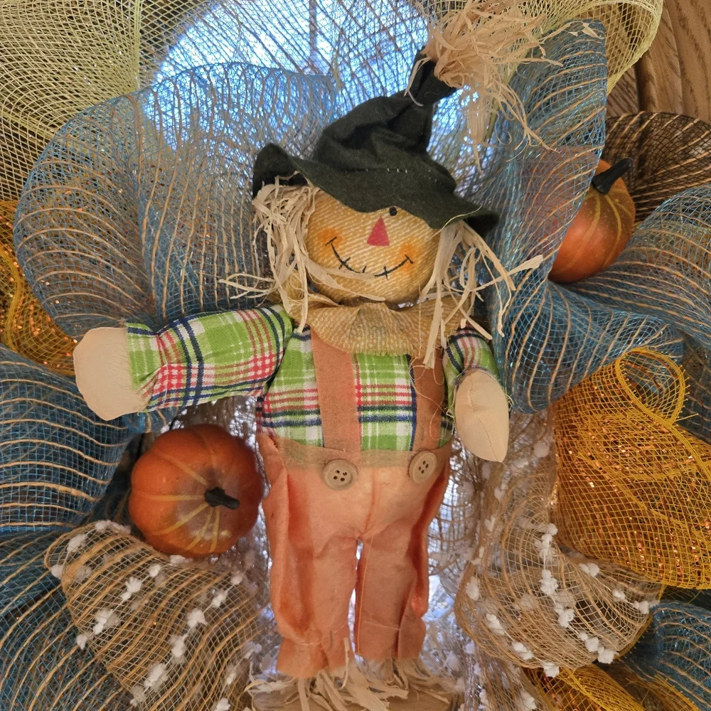 Handcrafted Burlap & Mesh Fall Wreath with Scarecrow, 22